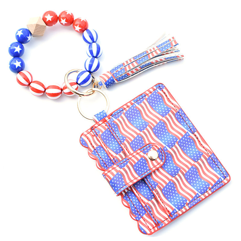 Wholesale American Independence Day PU Card Holder Ladies Coin Purse Wrist Keychain