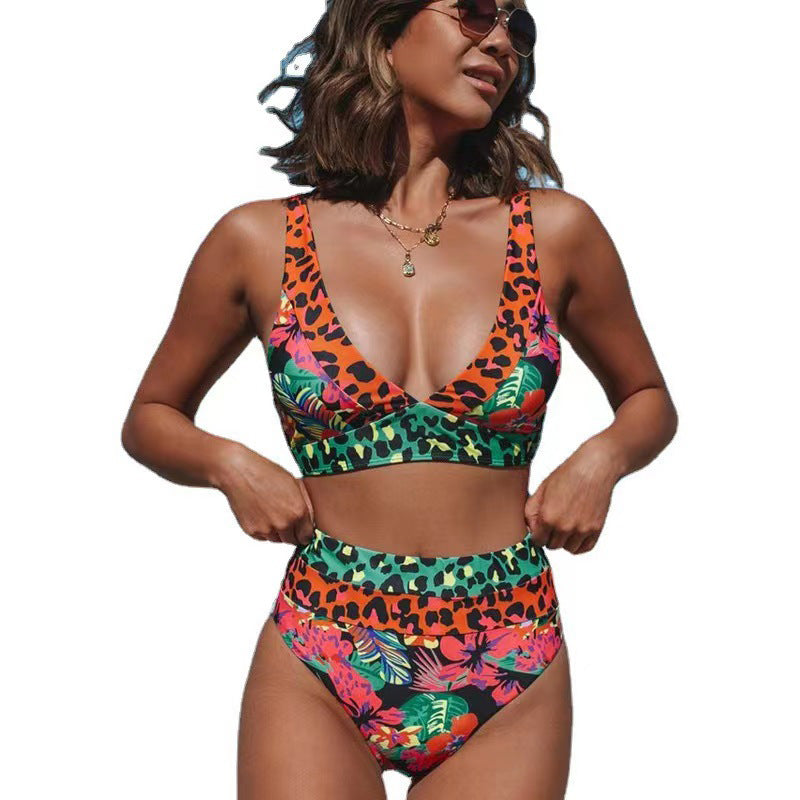 Wholesale High Waist Printed Two-piece Bikini Polyester Swimwear