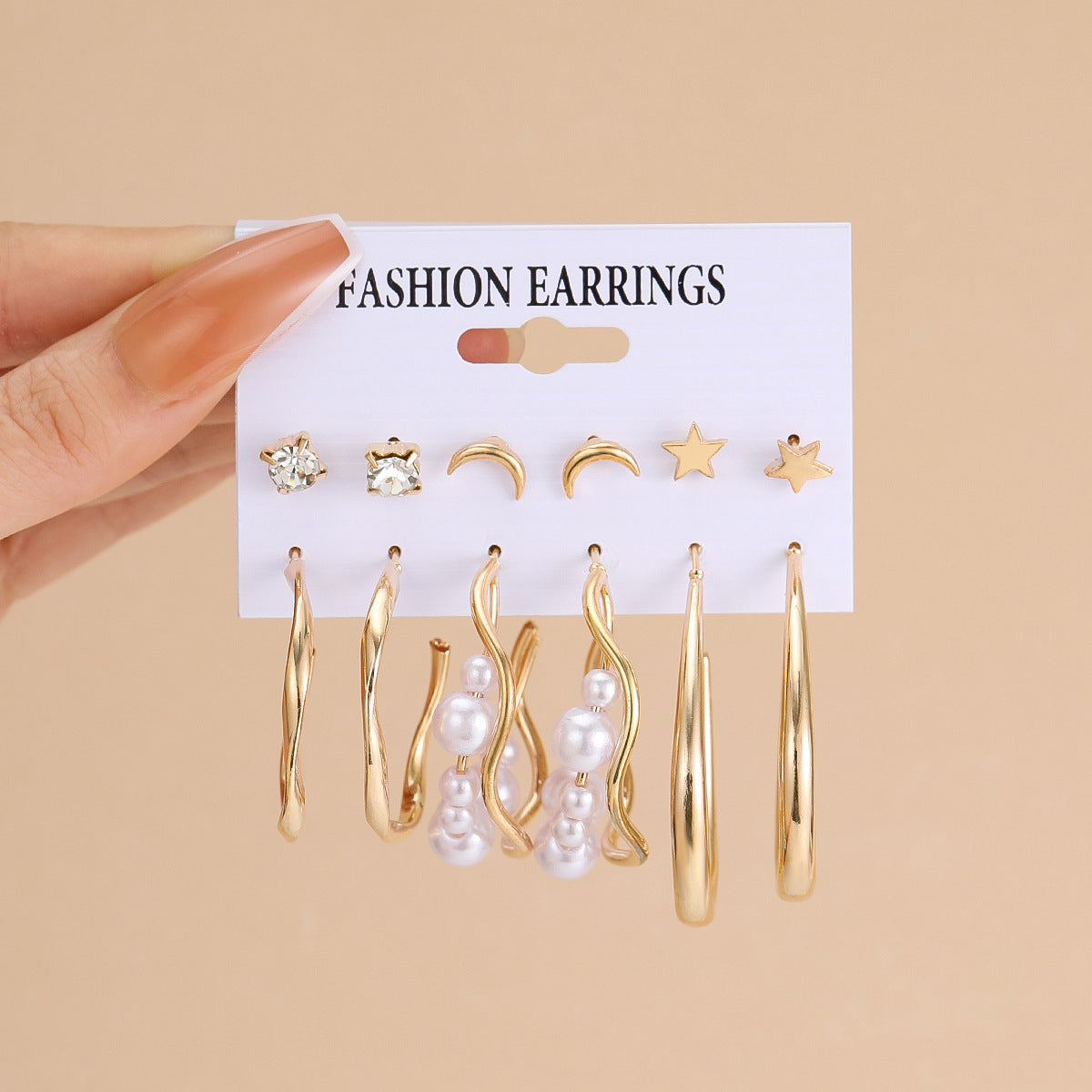 Juego de 6 aretes de aleación Pearl Moon Star al por mayor