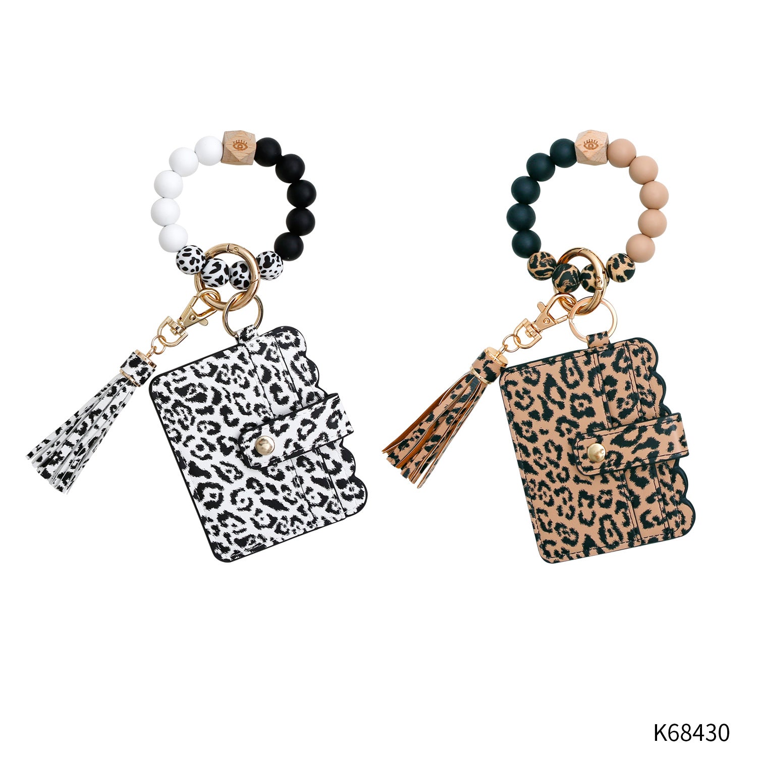 Venta al por mayor Llavero con cuentas de silicona y portatarjetas de leopardo