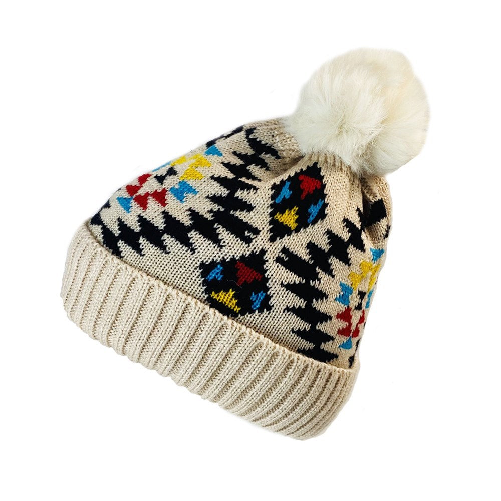 Wholesale Autumn and Winter Plush Women's Aztec Pattern Warm Wool Ball Knitted Wool Hat