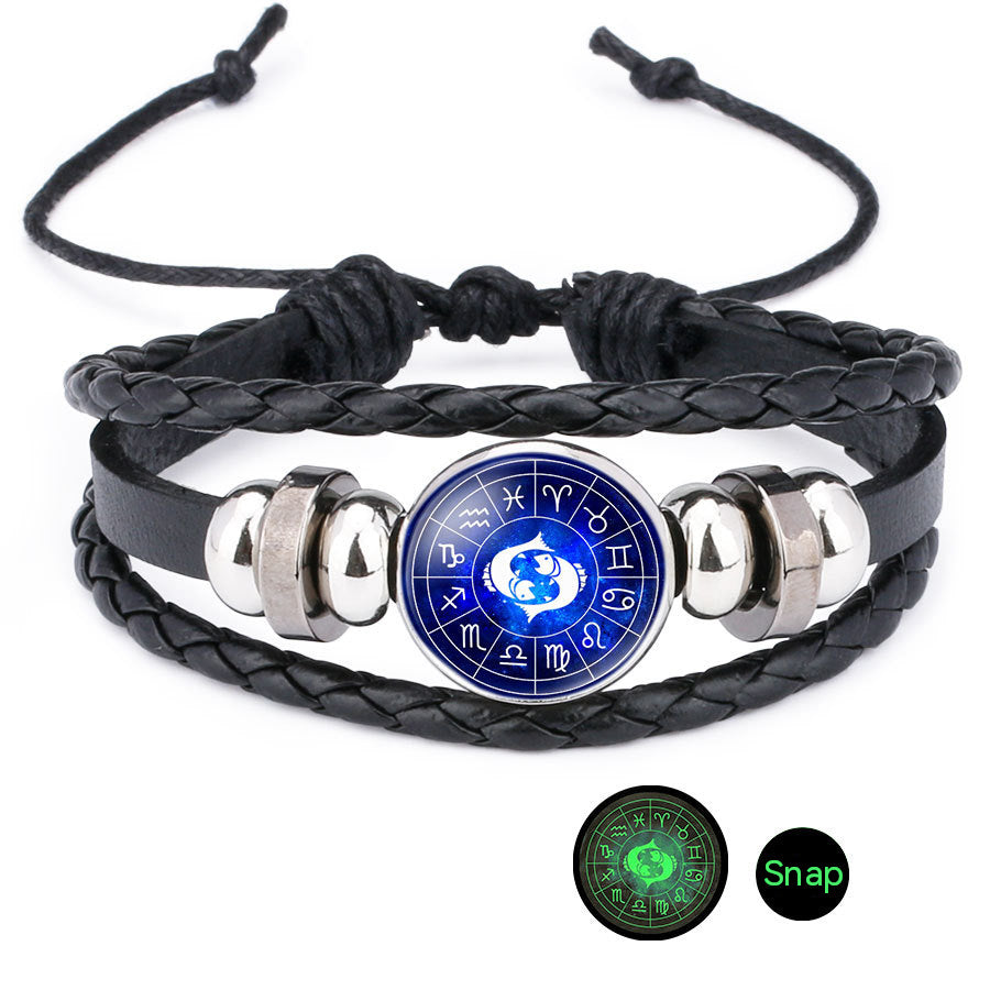 Wholesale Luminous 12 Constellation Time Gems Leather Bracelet
