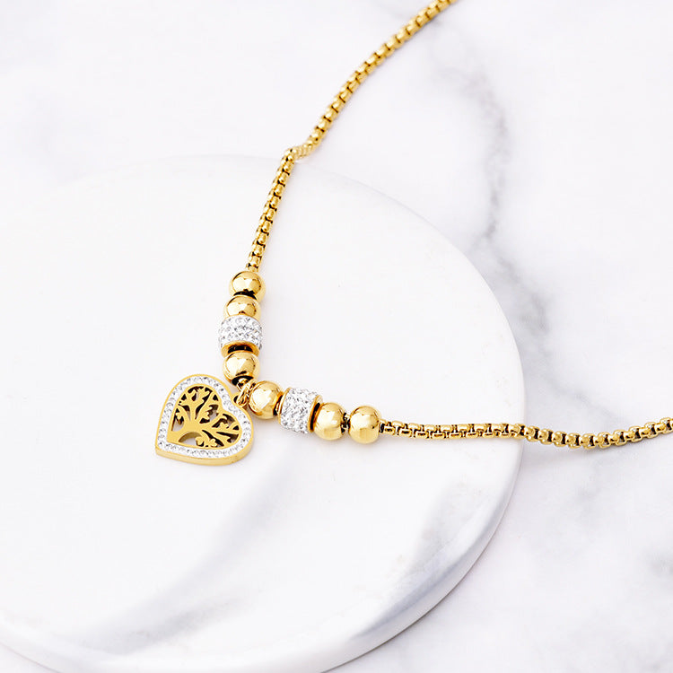 Wholesale Full Diamond Heart Pendant Tree of Life Titanium Steel Necklaces