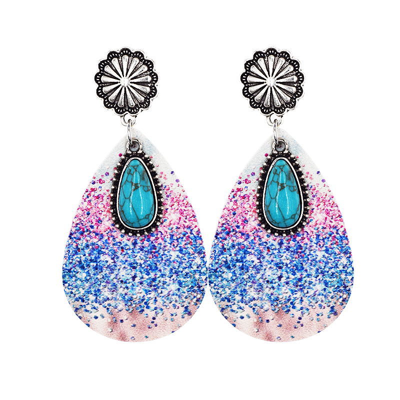 Wholesale Western Denim Leopard Leather Earrings