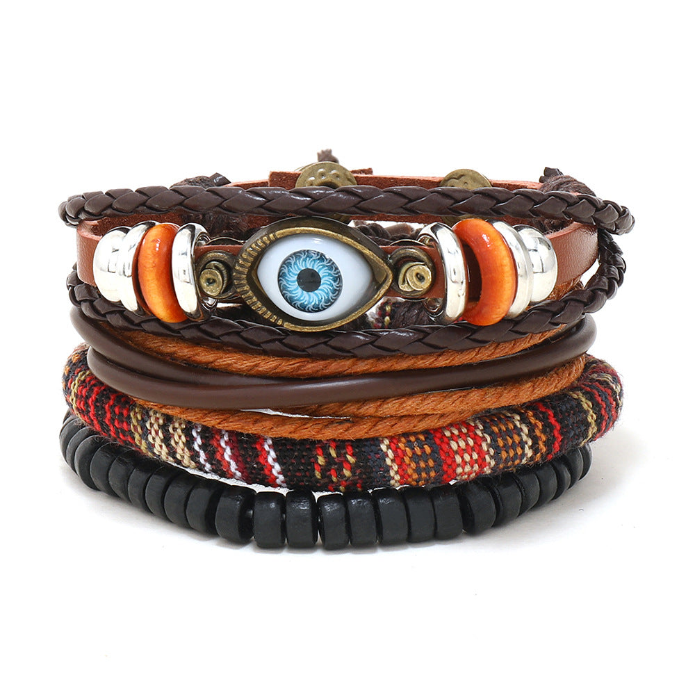 Wholesale Vintage Multilayer Alloy Wood Bead Leather Bracelet