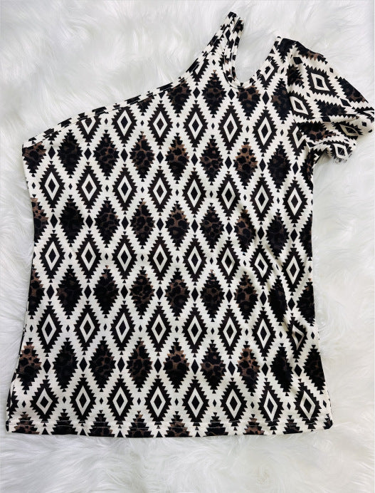 Wholesale Dacron Western Style Cow Pattern Round Neck Off Shoulder Women's One Shoulder Short Sleeve