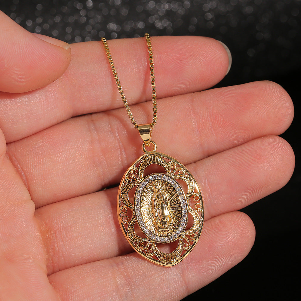 Wholesale Copper Geometric Hollow Pattern Virgin Mary Pendant Necklace