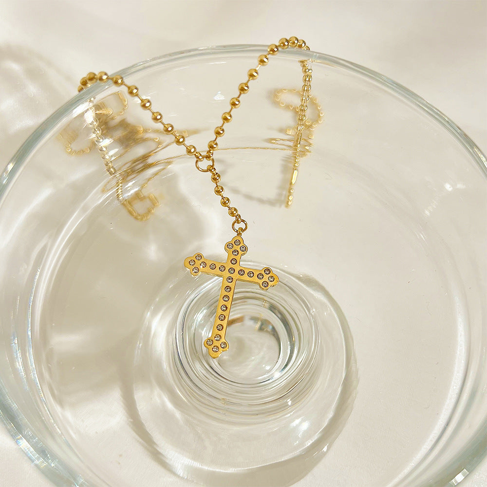 Wholesale Stainless Steel Gold Plated Cross Diamond Clavicle Necklace