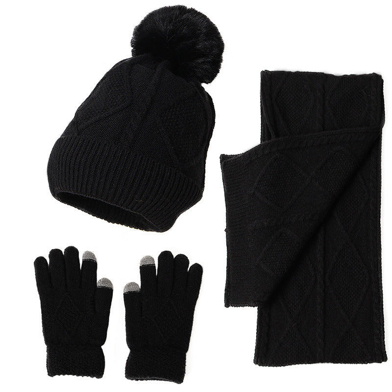 Wholesale Acrylic Autumn and Winter New Warm and Thickened Wool Adult Hats, Scarves, Gloves, Three Piece Set