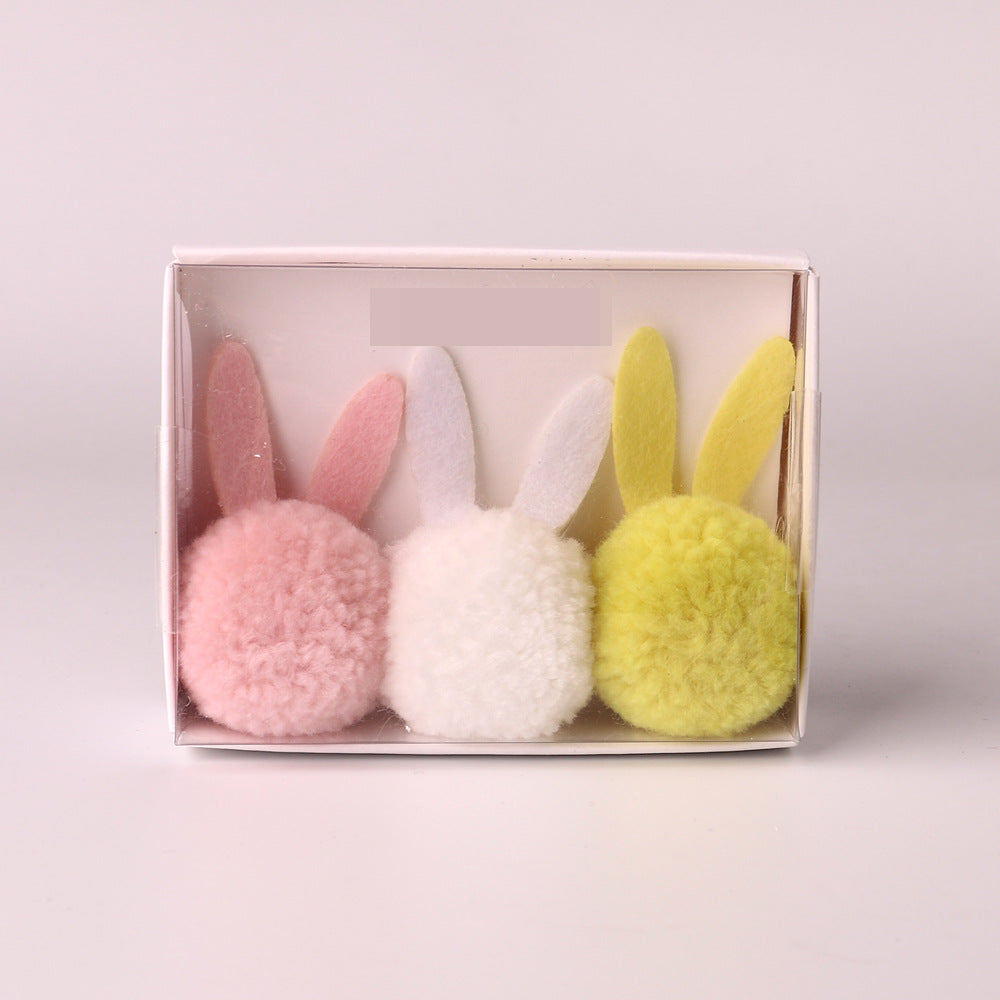 Venta al por mayor Bola de felpa multicolor Orejas de conejo Lazos para el cabello Juego de 3