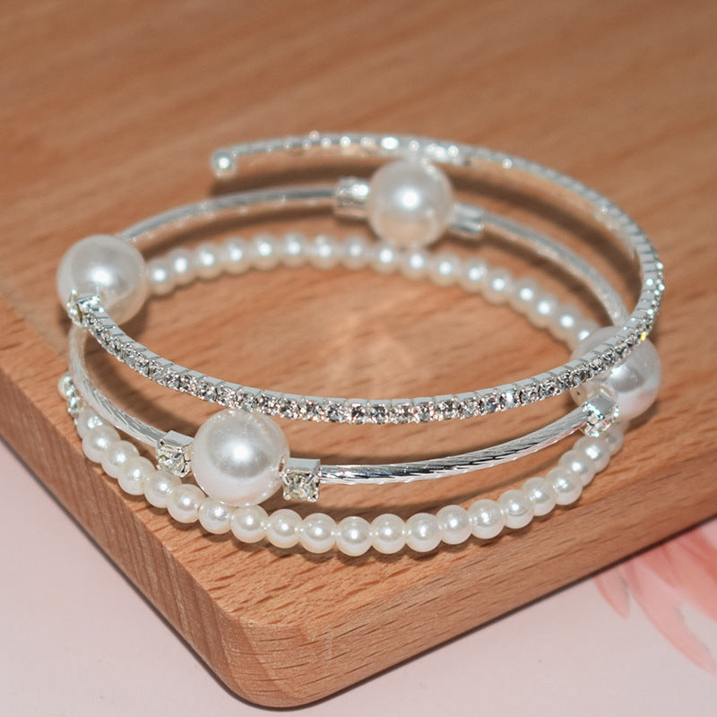 Wholesale Double Layer Pearl Rhinestone Bracelet
