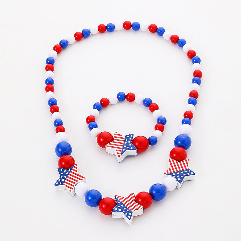 Wholesale 10PCS Independence Day Kids Wooden Beads Bracelet Necklace Set