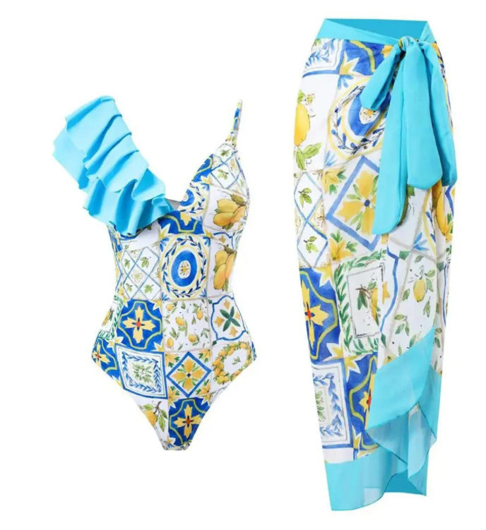 Wholesale Solid Color Ruffles One Piece Polyester Swimwear