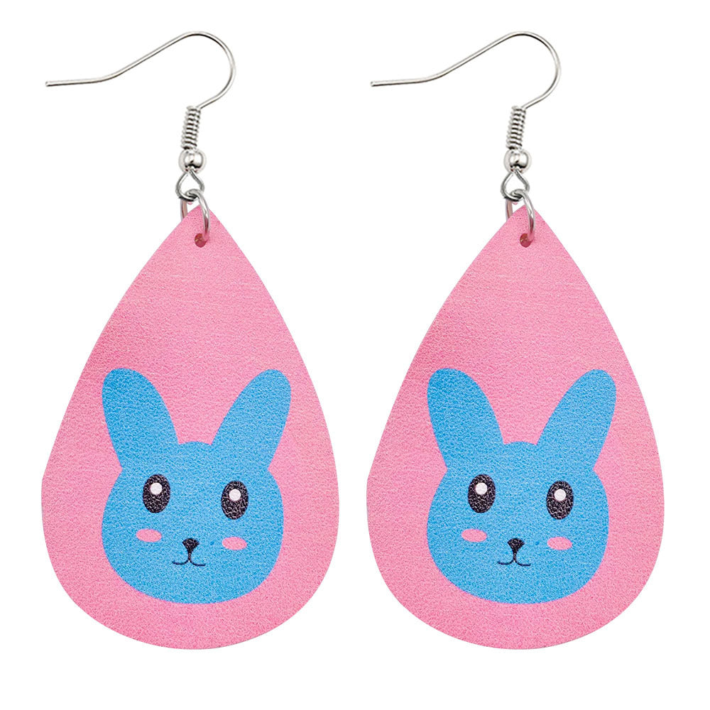 Joyas al por mayor Pendientes de piel sintética con estampado reversible de conejito de Pascua