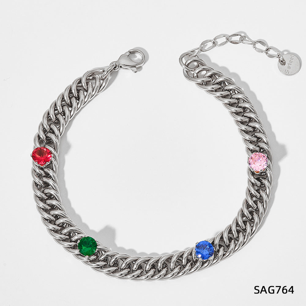 Wholesale Cuban Inlaid Colored Zircon Stainless Steel Gold Plated Necklace