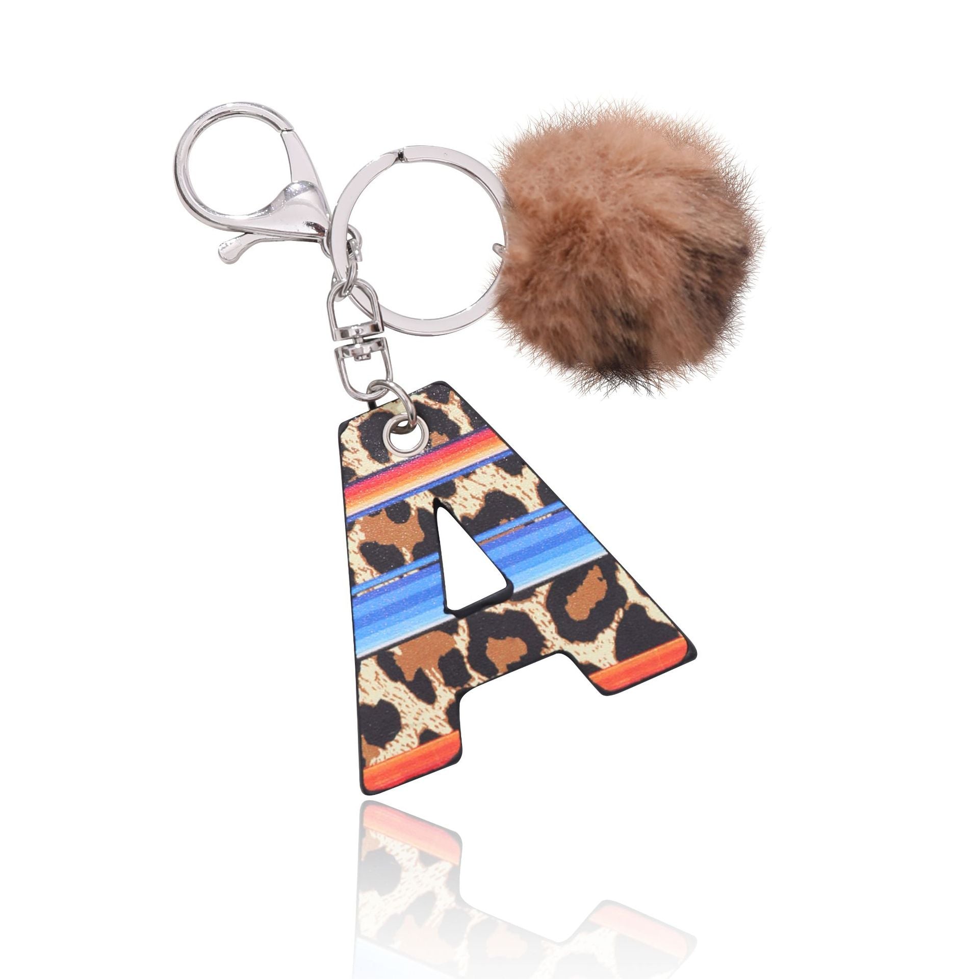 Wholesale Faux Leather Leopard Print Letter A Fur Ball Key Chain