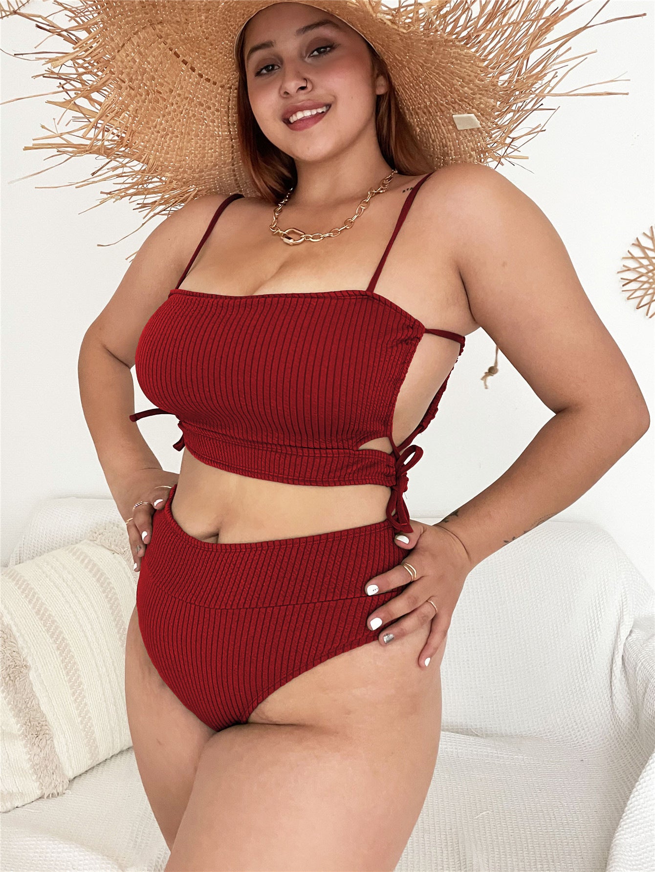 Wholesale Solid color strappy high waist pit strip fabric Swimwear