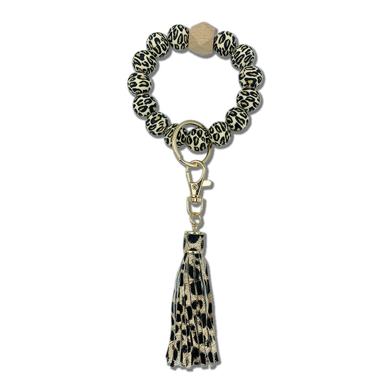 Wholesale Leopard Silicone Beaded Tassel Wrist Keychains
