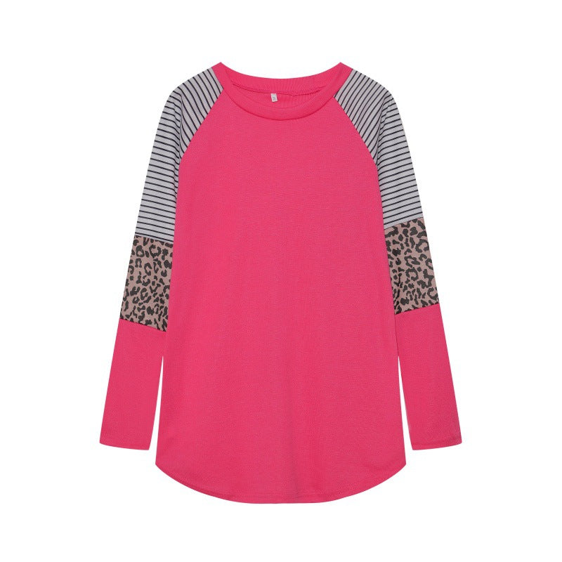 Wholesale Polyester Leopard Print Color Striped Round Neck Long Sleeves