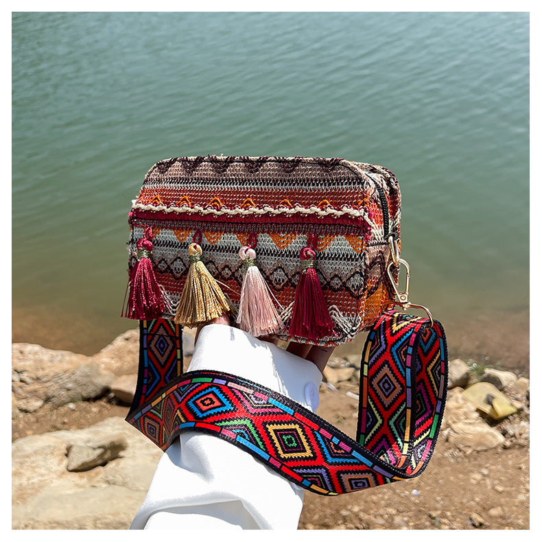 Lienzo al por mayor estilo étnico hombro cruzado pequeño bolso cuadrado