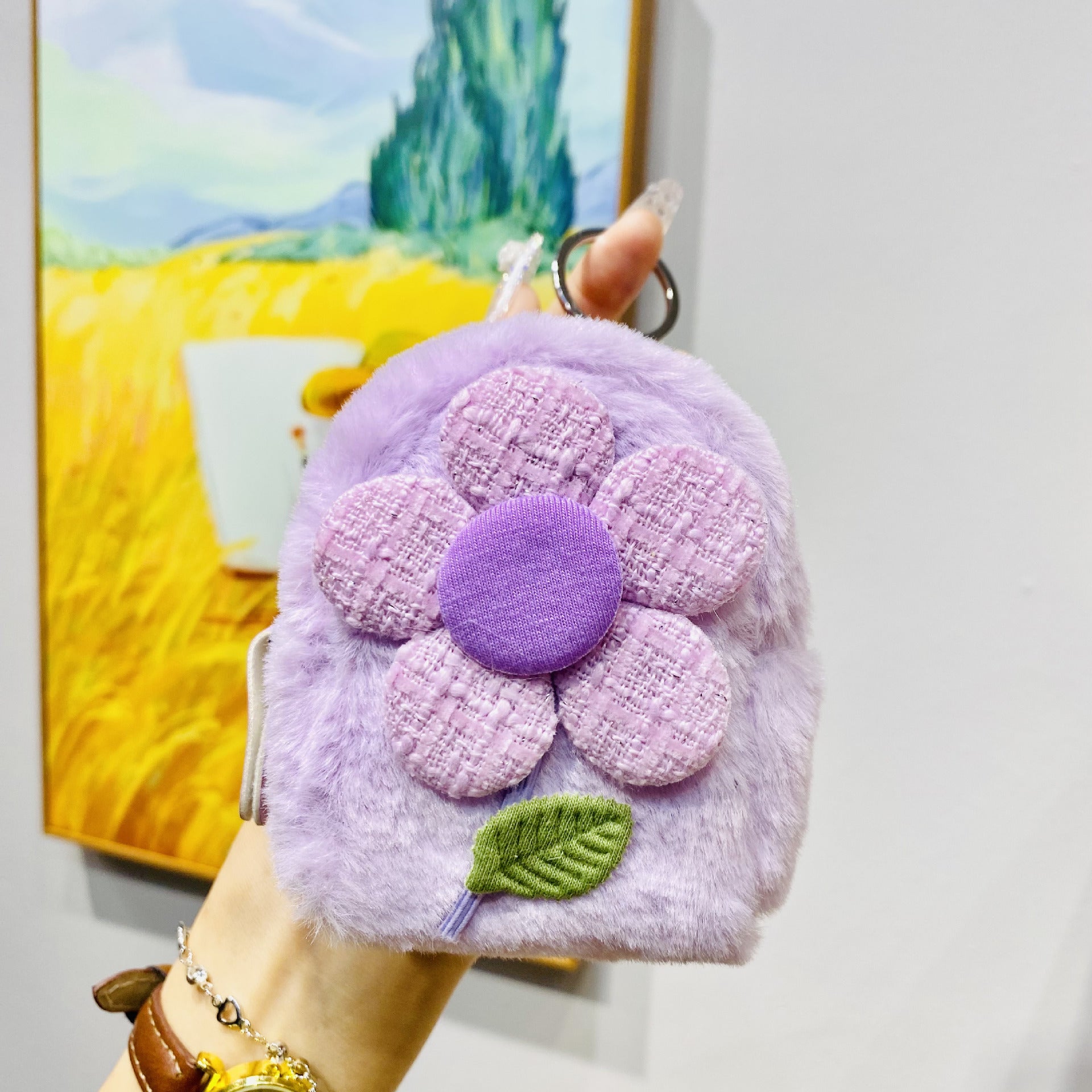 Llavero de bolso de monedas de flores de felpa al por mayor