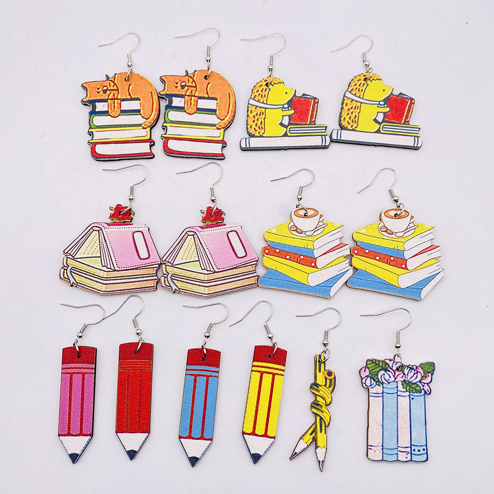 Venta al por mayor pendientes de madera de la ardilla del libro del lápiz del día del maestro
