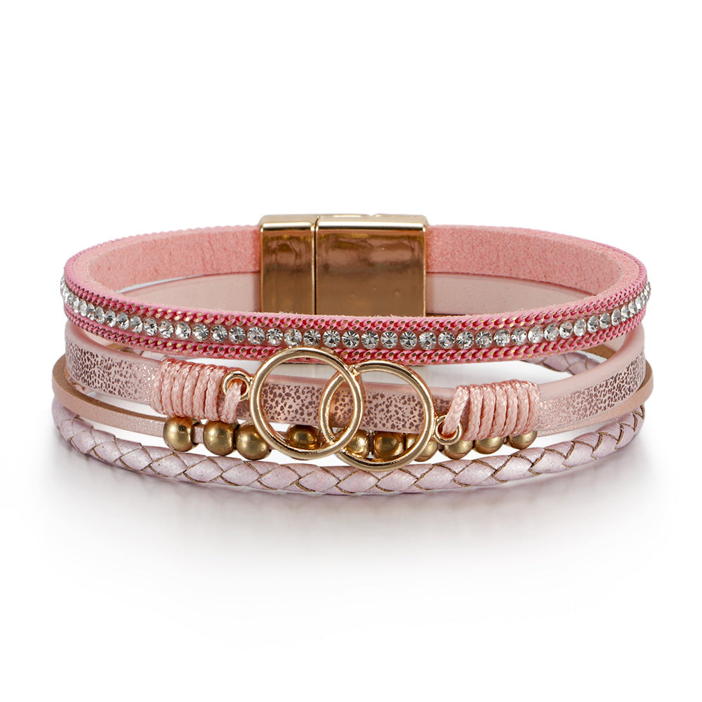 Wholesale Multilayer Braided Leather Double Circle Magnet Buckle Bracelet