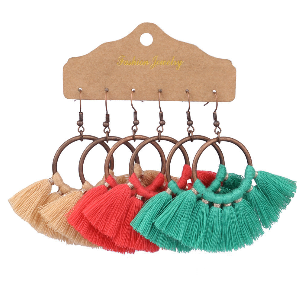 Wholesale Bohemian Tassels Three Pair Alloy Earrings