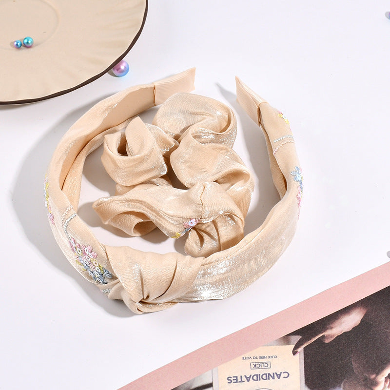 Wholesale Embroidered Bow Knot Fabric Hair Tie Headband Combination Set