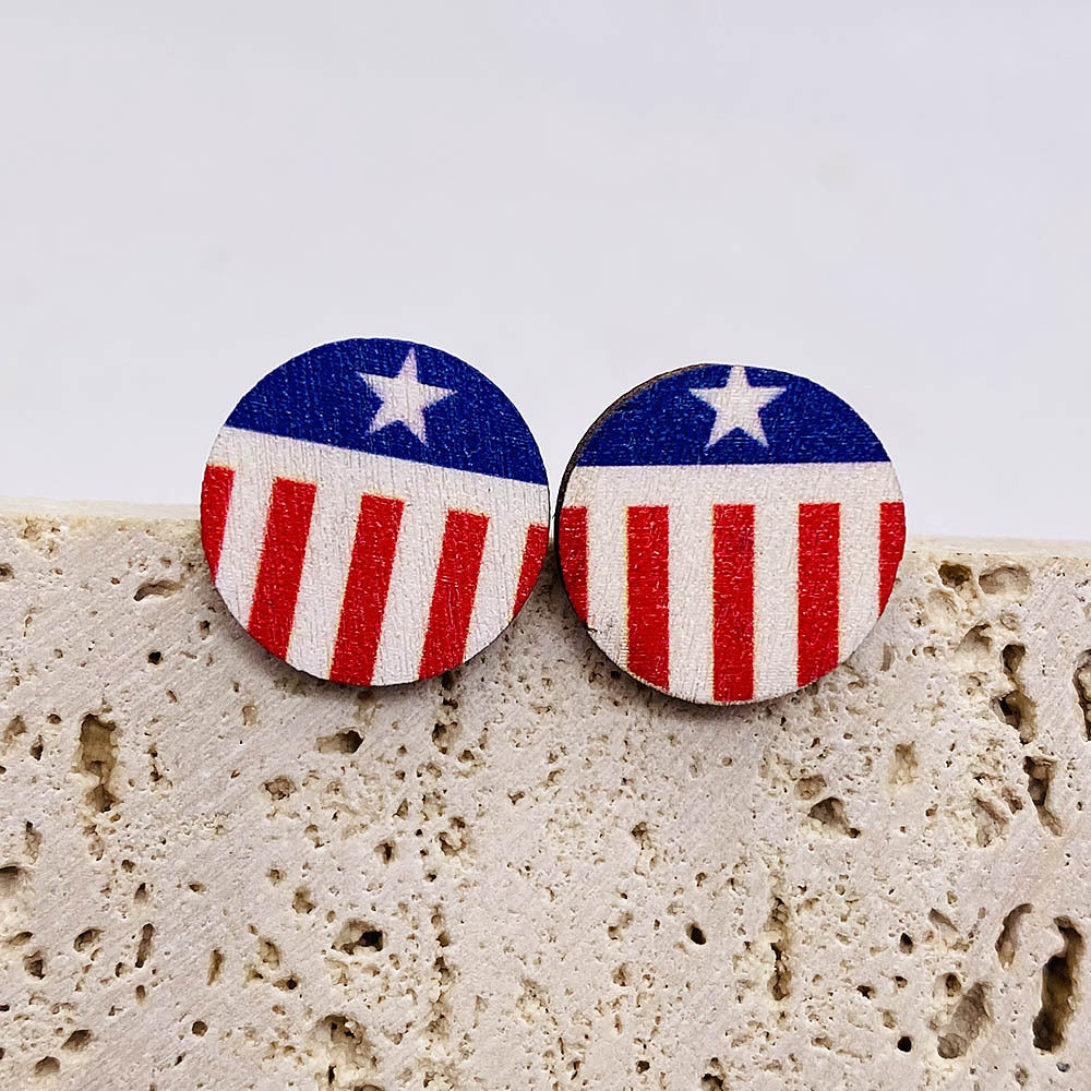 Venta al por mayor Pendientes de botón de madera de la bandera americana del Día de la Independencia
