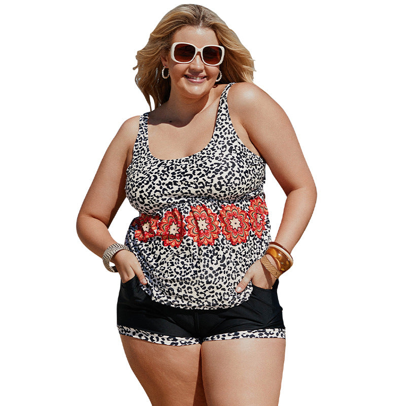 Wholesale Plus Size Leopard Print Split Polyester Swimwear