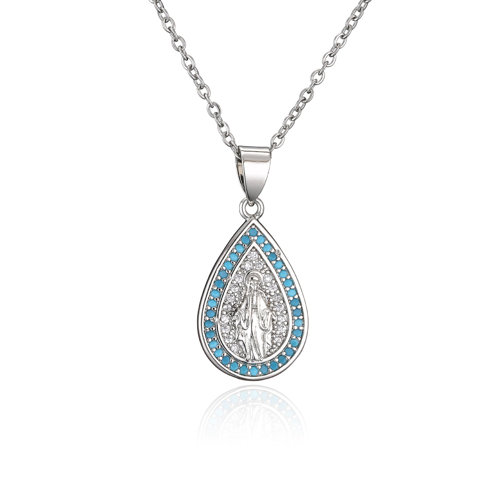 Venta al por mayor Collar de Virgen María en forma de gota de diamante de color micro pavimentado de cobre
