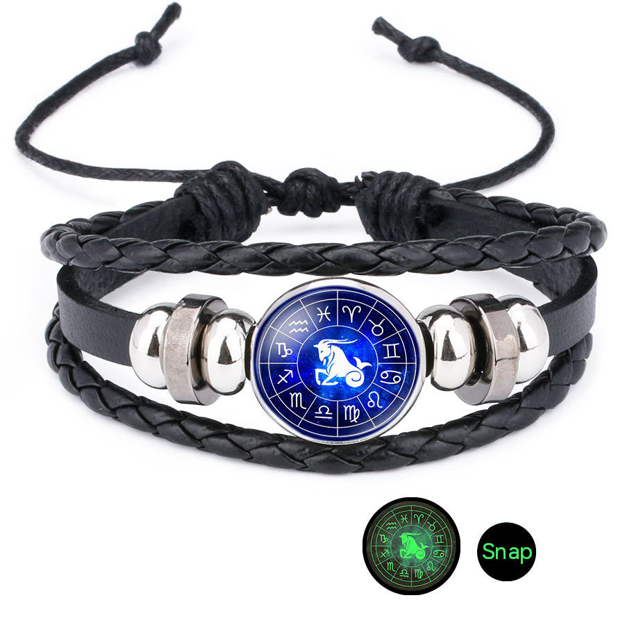 Wholesale Luminous 12 Constellation Time Gems Leather Bracelet