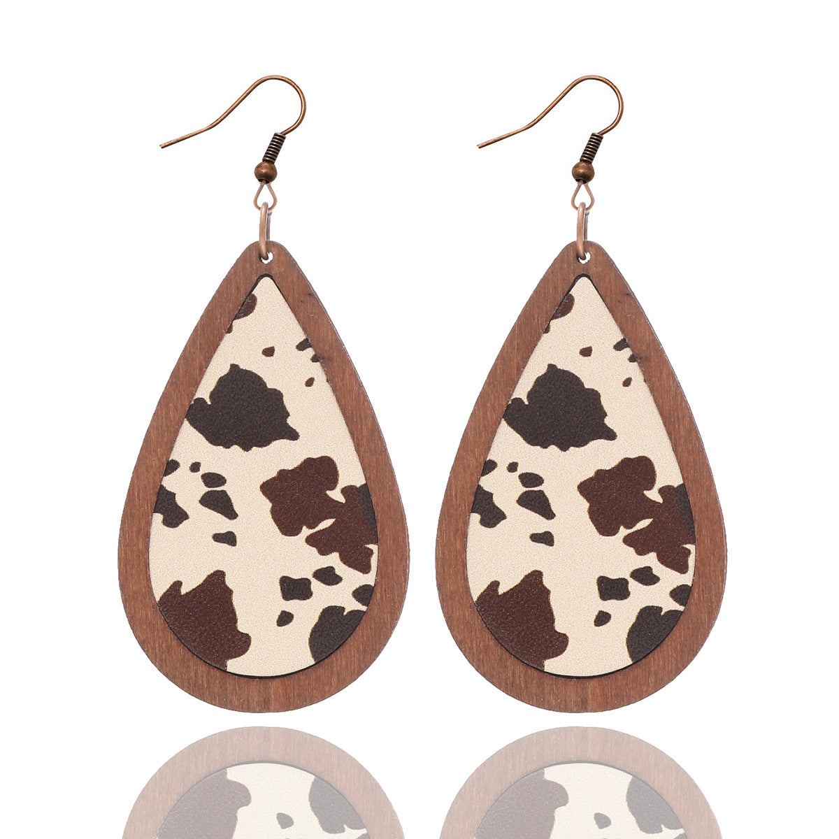 Wholesale Western Style Cow Head Retro Aztec Pattern Cow Pattern Leather Wood Chip Earrings