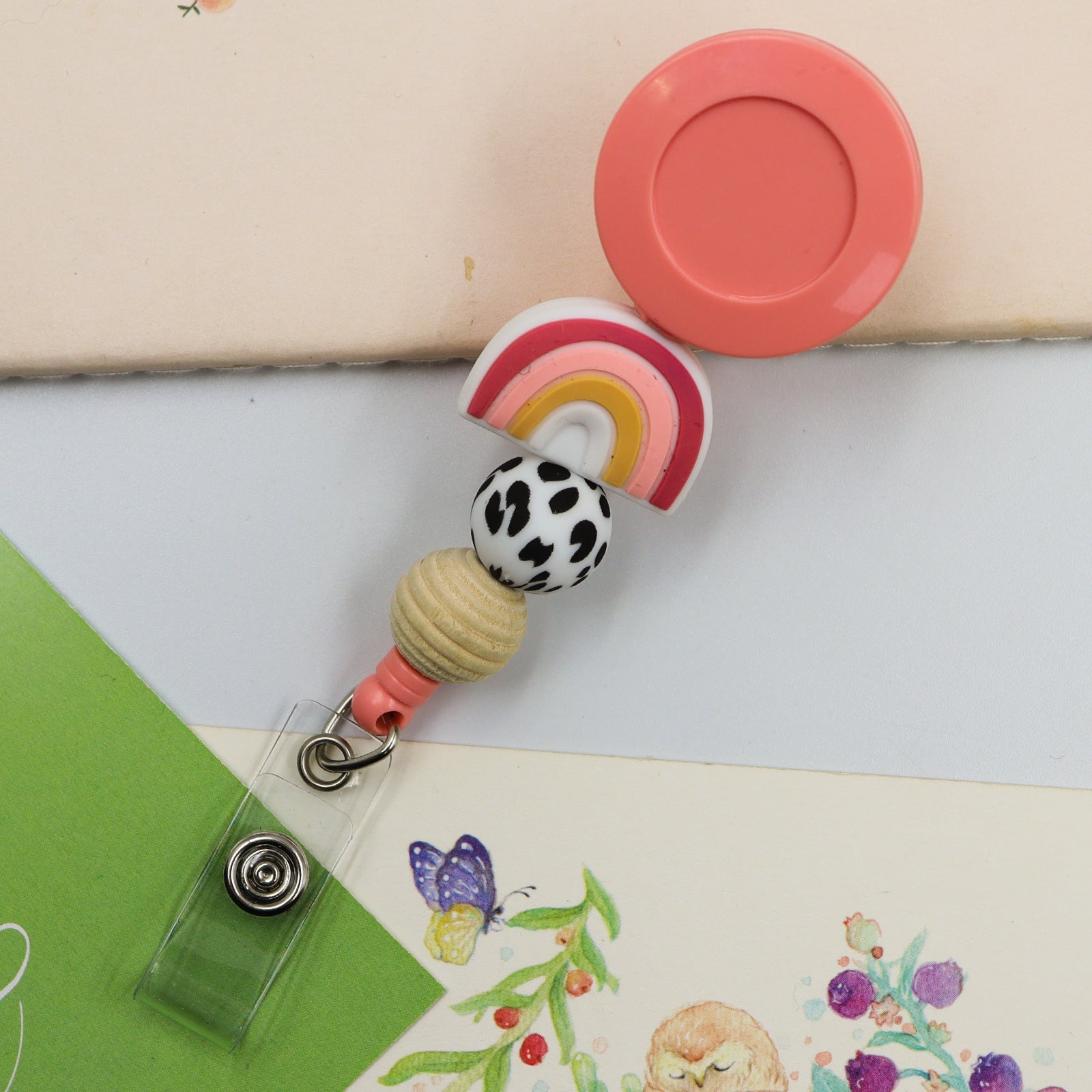 Wholesale Badge Reels Silicone Beaded Rainbow Retractable Keychain