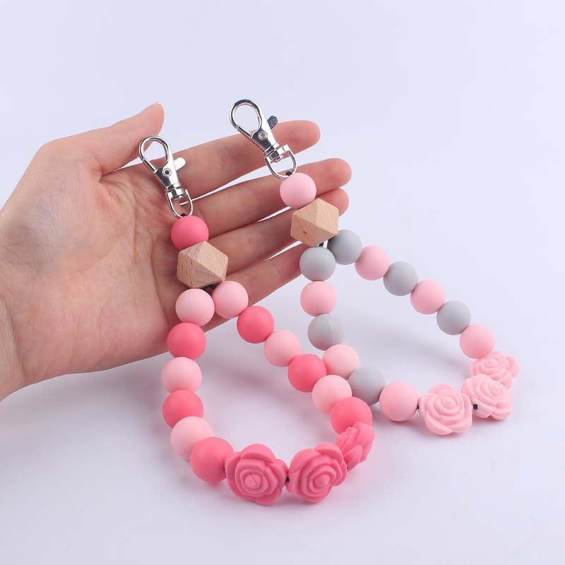 Wholesale Rose Silicone Beaded Wrist Keychain