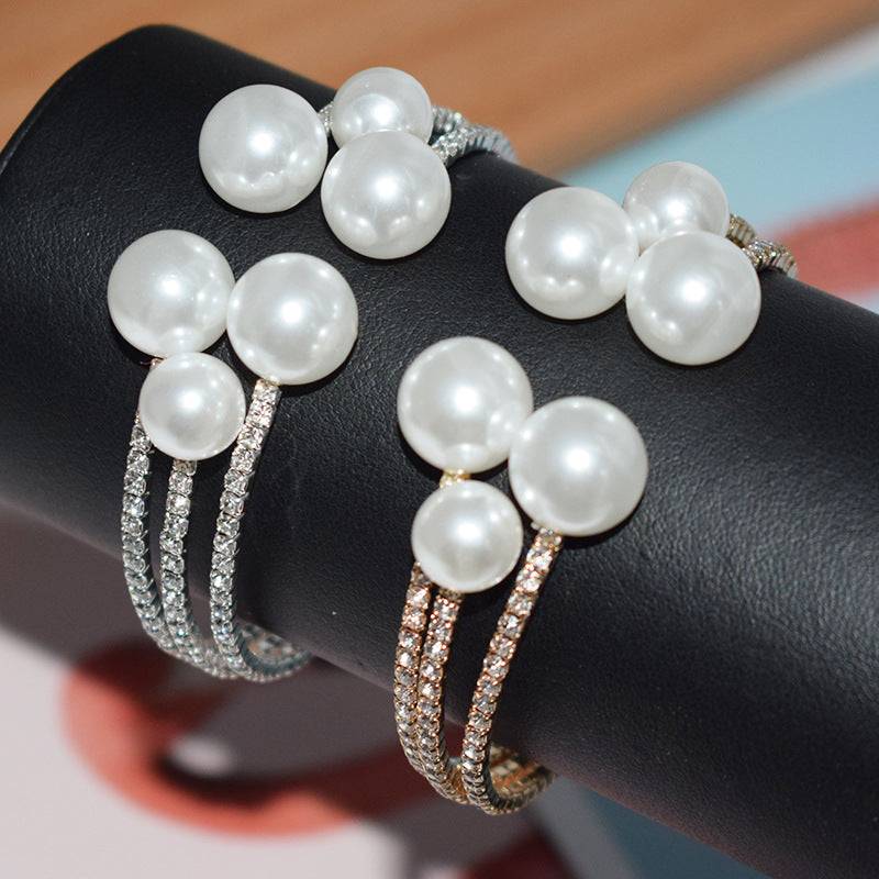 Wholesale Pearl Rhinestone Multilayer Opening Bracelet