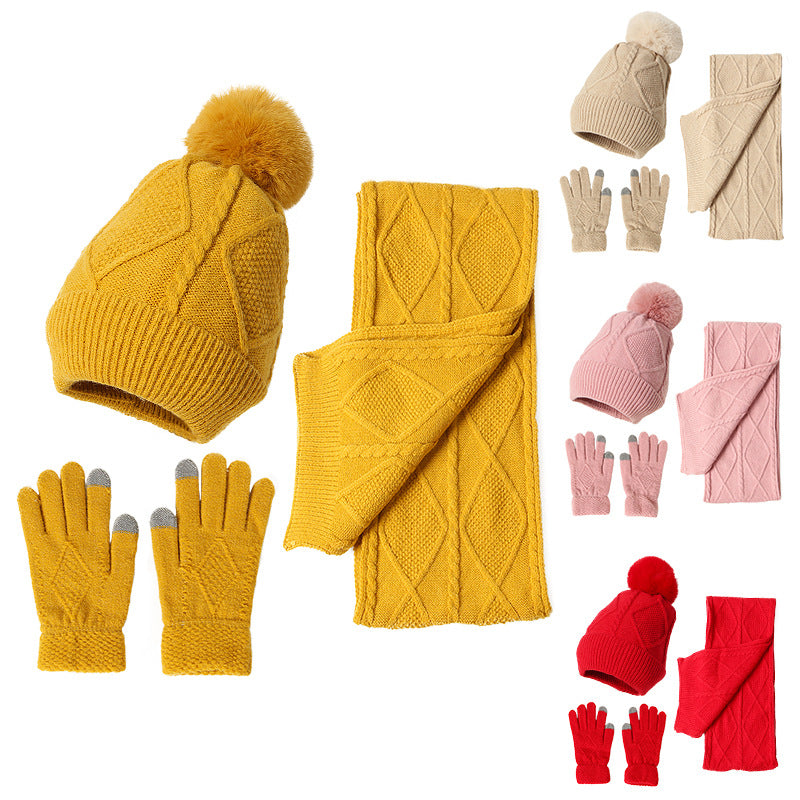 Wholesale Acrylic Autumn and Winter New Warm and Thickened Wool Adult Hats, Scarves, Gloves, Three Piece Set