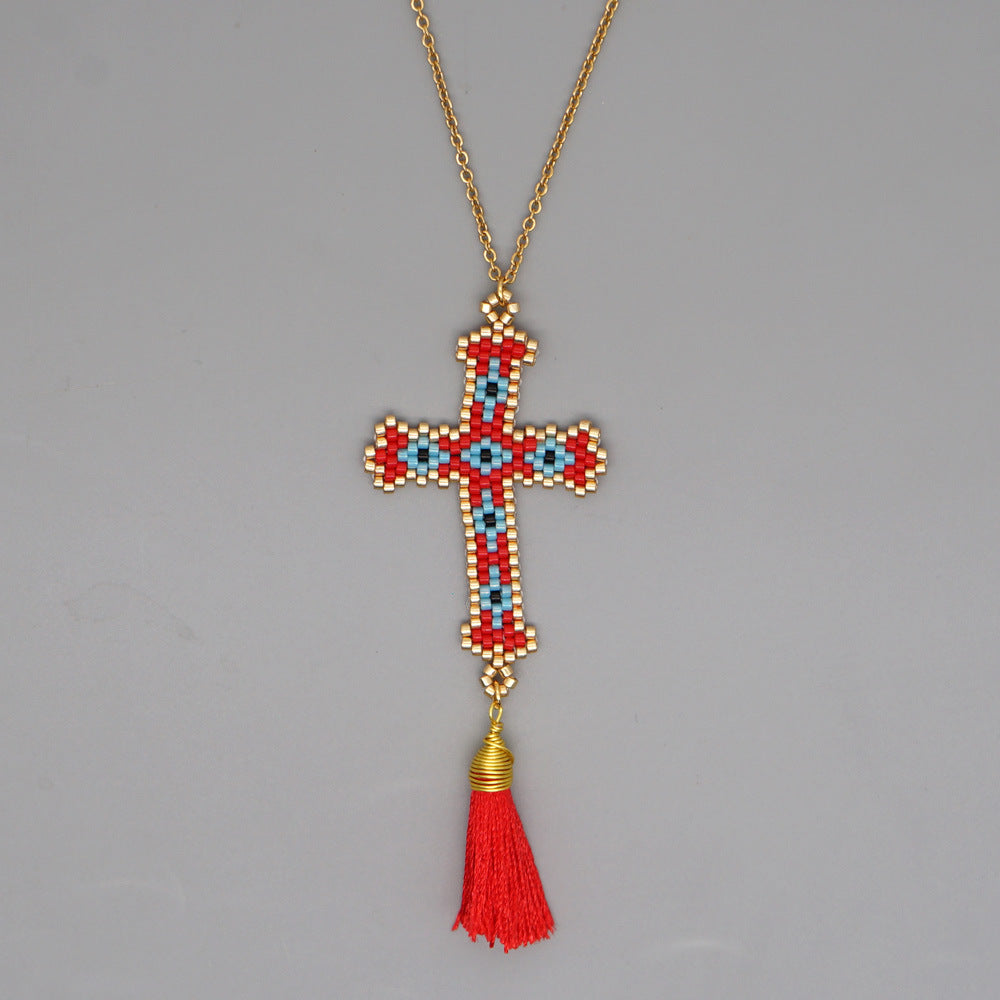 Wholesale Cross Tassel Handwoven Glass Necklace