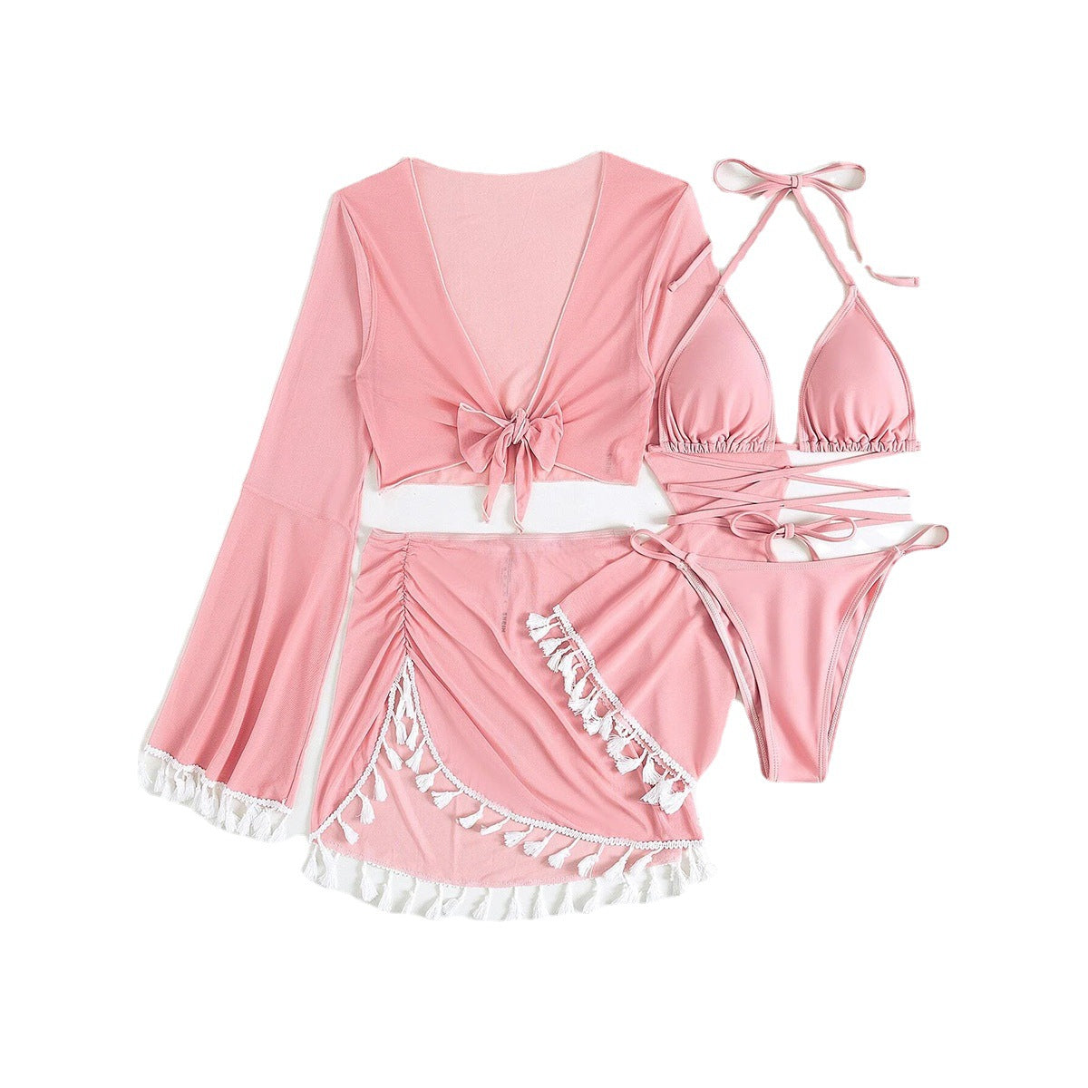 Traje de baño de poliéster dividido con borlas al por mayor Conjunto de tres o cuatro piezas