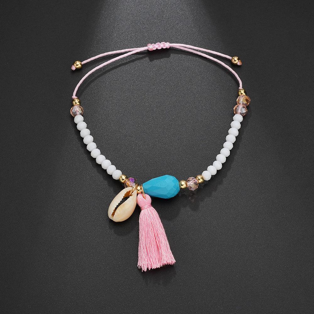 Wholesale Vintage Shell Beaded Pink Tassel Anklet