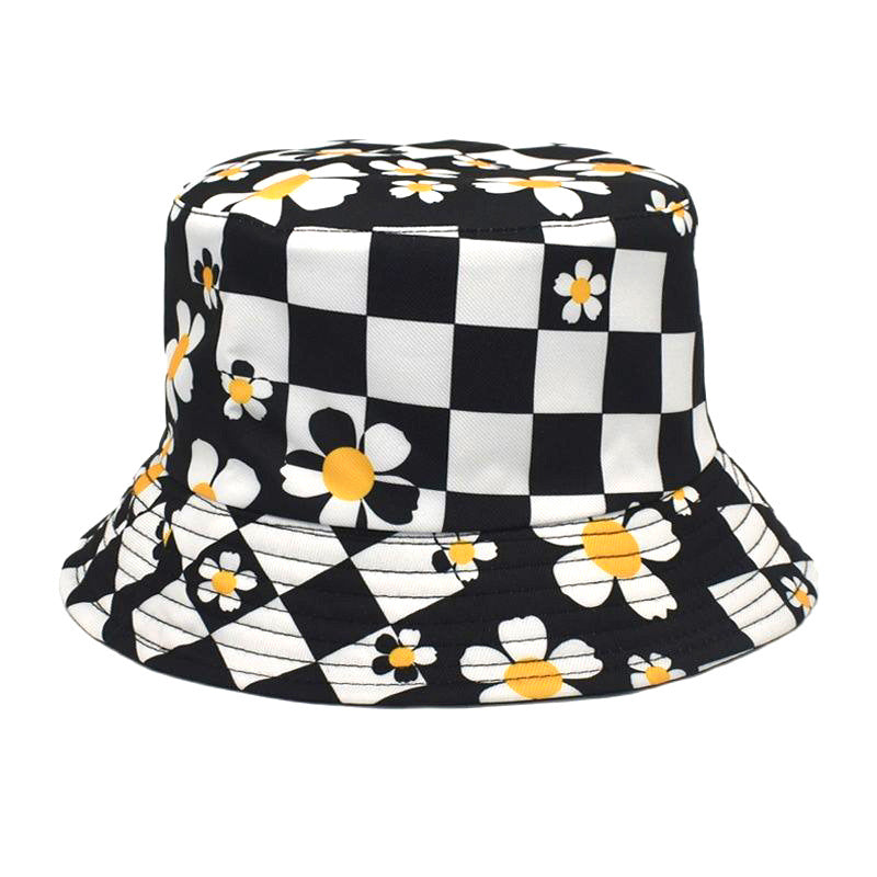 Wholesale Polyester Checkerboard Check Sunflower Flower Print Fisherman Hat