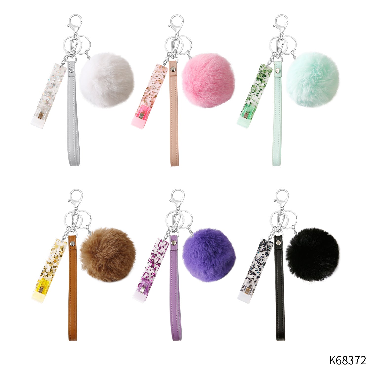 Wholesale Acrylic Leather Contactless ATM Card Grabber Card Taker Hair Ball Keychain Wristlet