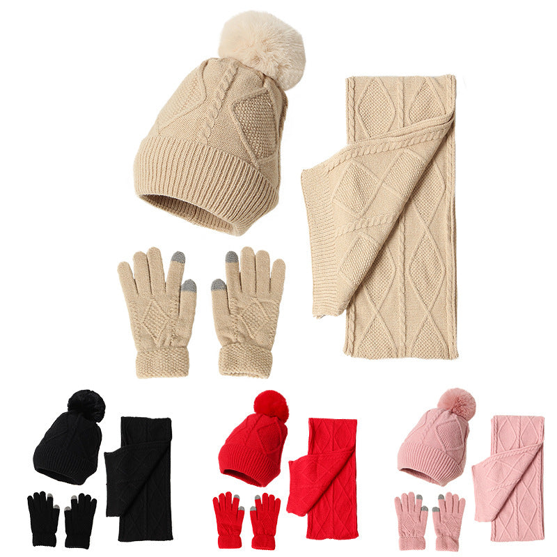 Wholesale Acrylic Autumn and Winter New Warm and Thickened Wool Adult Hats, Scarves, Gloves, Three Piece Set
