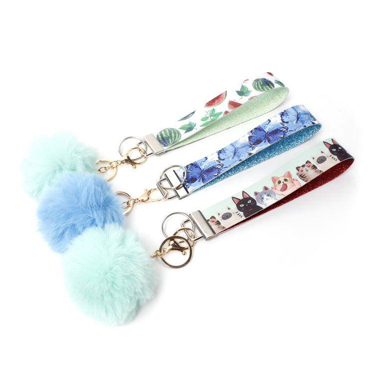 Wholesale 10pcs PU Leather Fur Ball Keychain