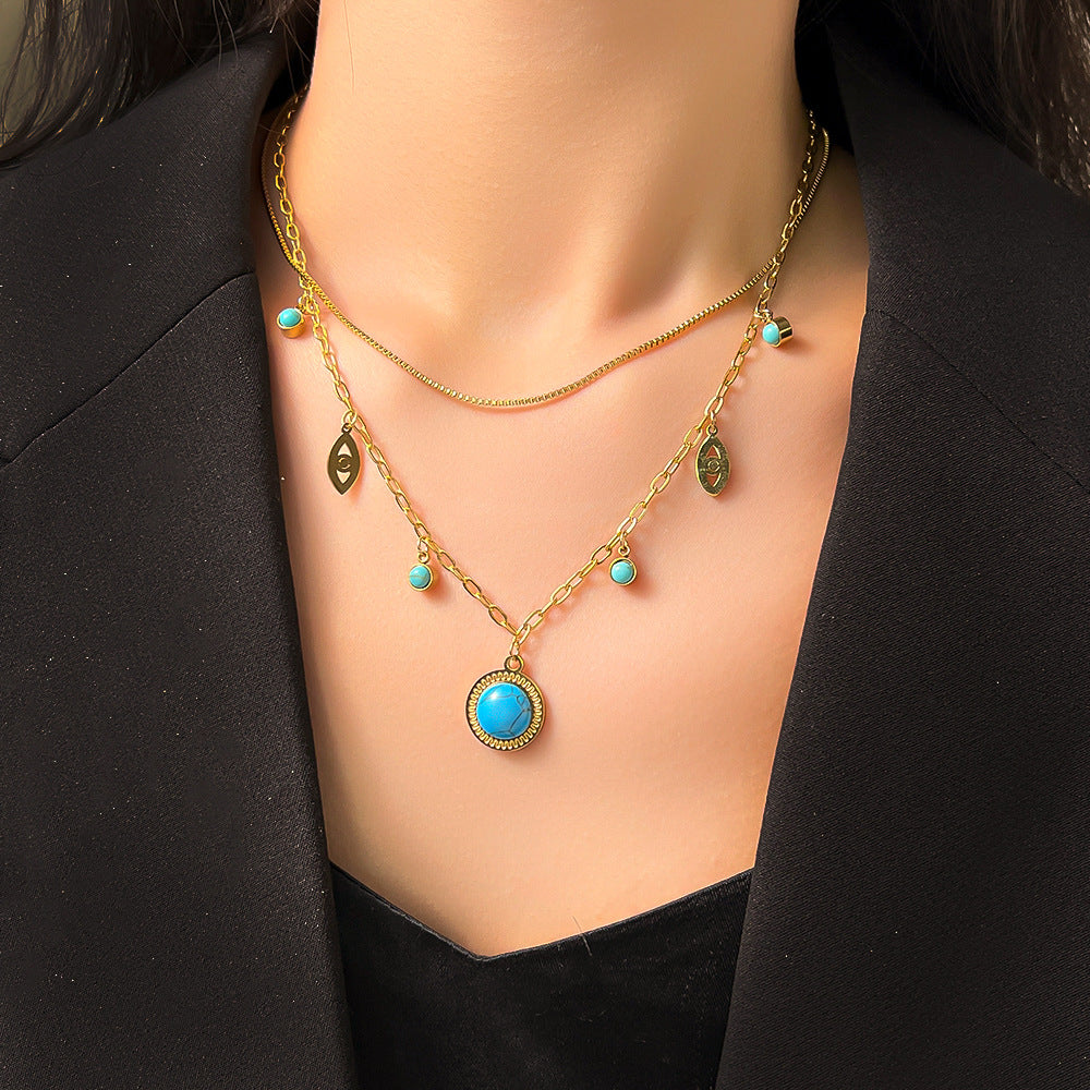 Wholesale Titanium Steel Double Layer Turquoise Pendant Necklace