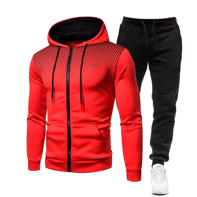 Wholesale Dot Print Solid Color Zipper Sports Hoodie Men's Sweatshirt and Sweatpants Suit