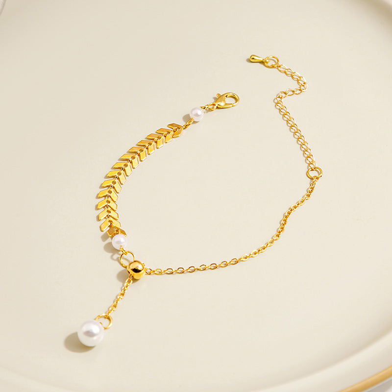 Wholesale French Vintage Pearl Wheat Ear Titanium Steel Bracelet