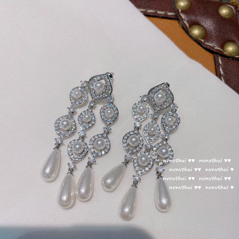 Wholesale Plated 18K Pearl Tassel Earrings Zircon