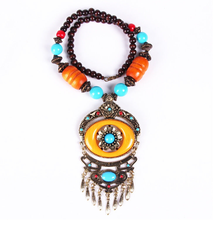 Wholesale Alloy Bohemian Disc Floral Tassel Necklace